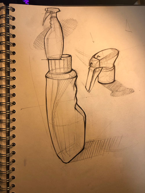 Disinfectant bottle industrial design drawing.